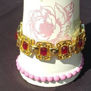 Etienne Aigner Gold Plated Link Bracelet with Red Stones 7"